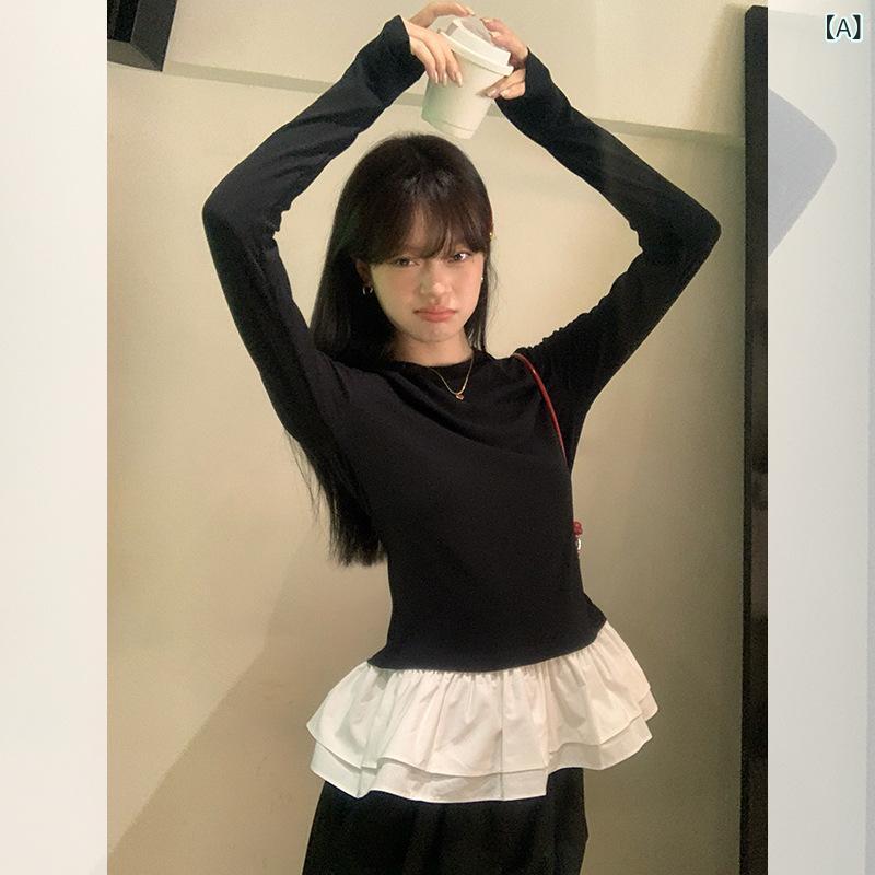 長袖Tシャツ レディース バレエコア レース切替 カットソー トップス 秋服 インナー ブラック フリルネック スリムフィット 重ね着 レイヤード 重ね着しやすい 伸縮性 通気性 春秋冬 通勤通学