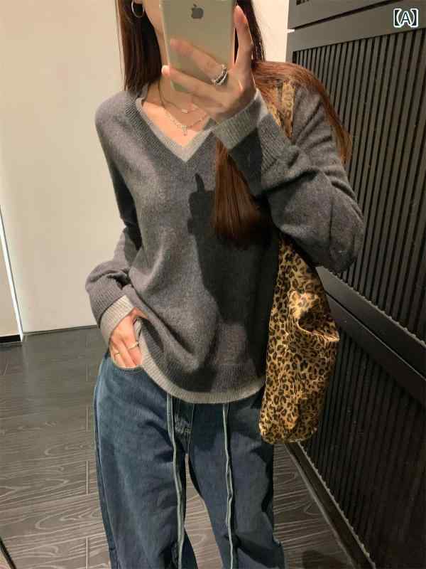 ニット レディース セーター 長袖 配色 切り替え クルーネック プルオーバー トップス 重ね着風 レイヤード ゆったり カジュアル 体型カバー 動きやすい 秋冬 おしゃれ きれいめ 通勤 通学 普段着