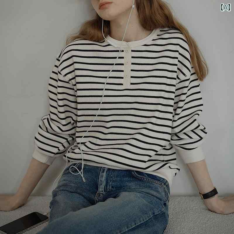 トレーナー レディース ストライプ 長袖 Tシャツ ゆったり ラウンドネック 配色 切り替え プルオーバー カジュアル トップス 体型カバー 重ね着風 春秋用 動きやすい 普段着