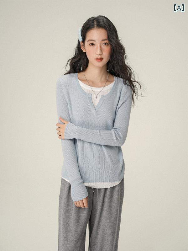 Rakuten - ニット レディース バイカラー 重ね着風 Vネック 長袖 セーター プルオーバー トップス 秋服 ニットソー 配色切り替え カジュアル きれいめ感 通勤 通学 ストレッチ性 着回し力抜群