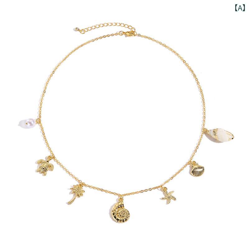 Other , Materials - ネックレス レディース 貝殻モチーフ パール パール調 ペンダント アクセサリー ゴールドカラー おしゃれ ギフト 贈り物 海水浴 ビーチ 旅行 アクセサリー ジュエリー 華奢 上品 重ね付け カジュアル 収納しやすい