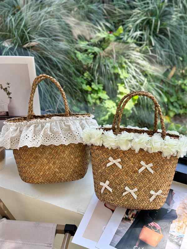 Rakuten - ハンドバッグ キッズ 女の子 かごバッグ トートバッグ 草編み 花柄 フラワーモチーフ 手提げ 軽量 お出かけ おしゃれ かわいい ナチュラル 子供用 ショルダーバッグ 麦わら風 素材 収納しやすい 春夏