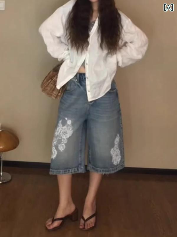 ワイドパンツ レディース デニムパンツ レース柄 7分丈 ジーパン ボトムス ワイド...