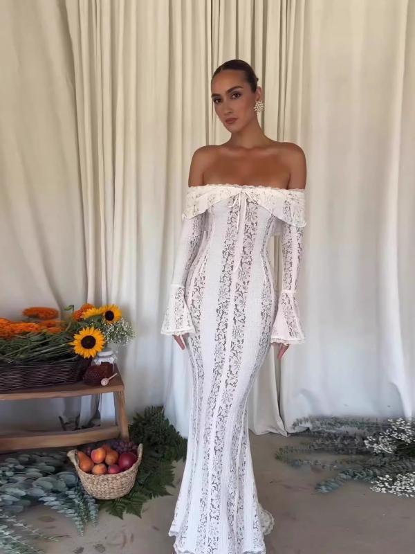 ワンピース レディース オフショルダー レース ドレス ロング丈 ウエストマーク ハイウエスト マキシ丈 フレアスカート 結婚式 二次会 披露宴 発表会 パーティー 演奏会 お呼ばれ 着痩せ 体型カバー