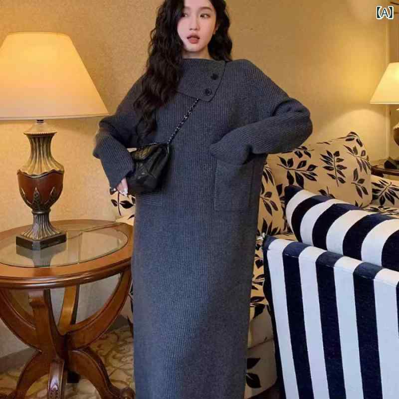 ニットワンピース レディース ロング丈 ハイネック 長袖 ニットワンピース 膝下丈 ゆったり 体型カバー ウエストリボン ポケット付き 厚手 伸縮性 秋冬 動きやすい ロングセーター 防寒 おしゃれ