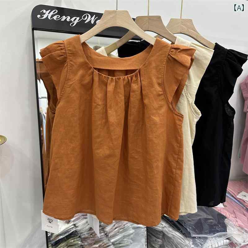 ブラウス レディース フリル袖 半袖 コットンリネン トップス 襟元タック ボリューム袖 涼しい 夏服 おしゃれ カジュアル シンプル 通勤 通学 普段着 透け感なし 体型カバーしやすい