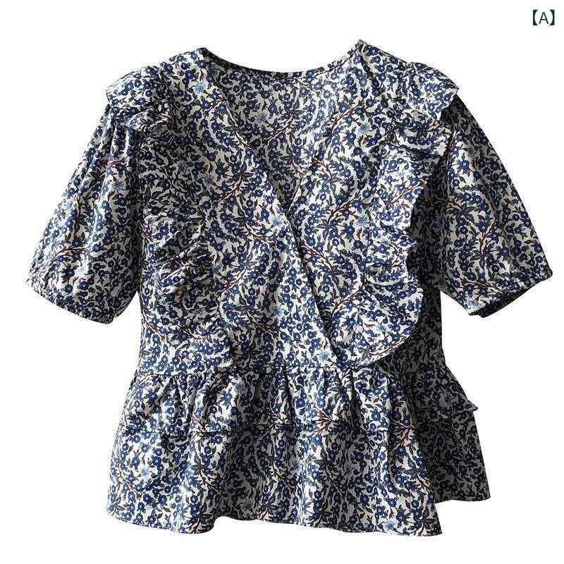 Rakuten - ブラウス レディース Vネック 半袖 花柄 トップス 荷叶辺 娃娃衫 小花柄 夏服 フェミニン 涼しい 着痩せ効果 おしゃれ 通学 通勤