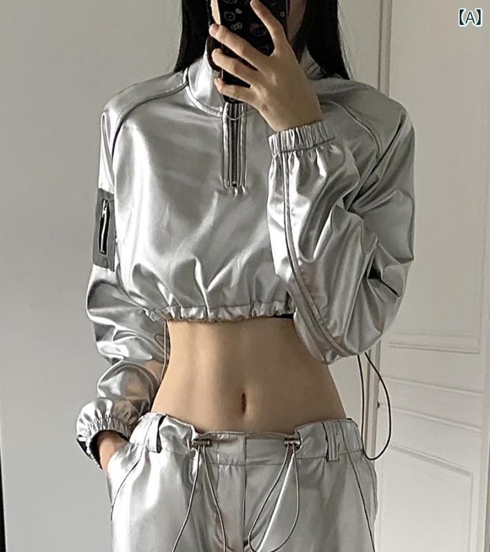 Rakuten - セットアップ レディース 長袖ショート丈パーカー ダンス衣装 派手 シルバー 反光素材 ヒップホップ ストリート系 カジュアルパンツ 動きやすい ジャズダンス ステージ衣装 練習着