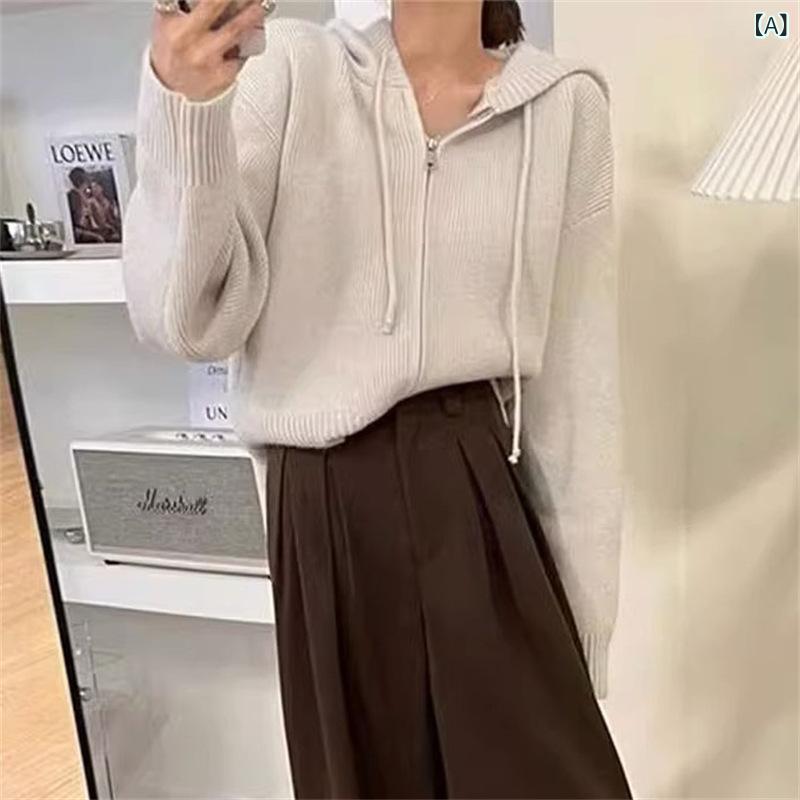 Rakuten - ニットカーディガン レディース ジップアップ パーカー フード付き ゆったり ショート丈 無地 長袖 トップス 羽織り カジュアル 重ね着 アウター 秋服 体型カバー ニット素材 収納しやすい
