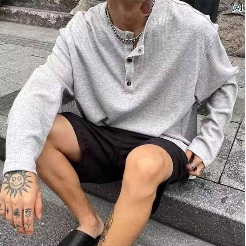 樂天商城 - トレーナー メンズ 長袖 無地 ヴィンテージ風 プルオーバー スナップボタン ゆったりシルエット 春秋 カジュアル トップス 重ね着風 ラウンドネック 厚手素材 おしゃれ 動きやすい 快適着心地 オーバーサイズ