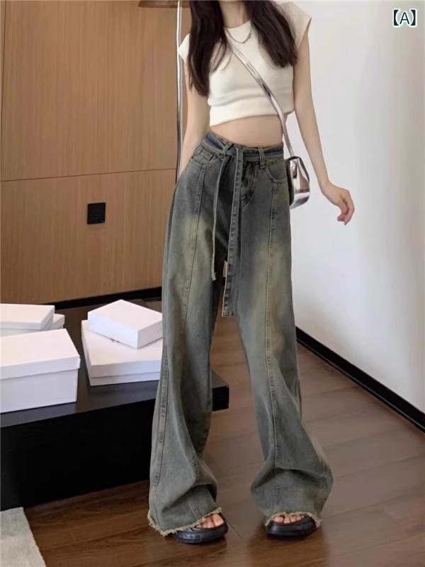 Rakuten - デニムパンツ レディース ワイドパンツ ジーンズ ハイウエスト ストレート ゆったり 体型カバー ロング丈 ボトムス 長ズボン ポケット付き 動きやすい オールシーズン おしゃれ シンプル カジュアル
