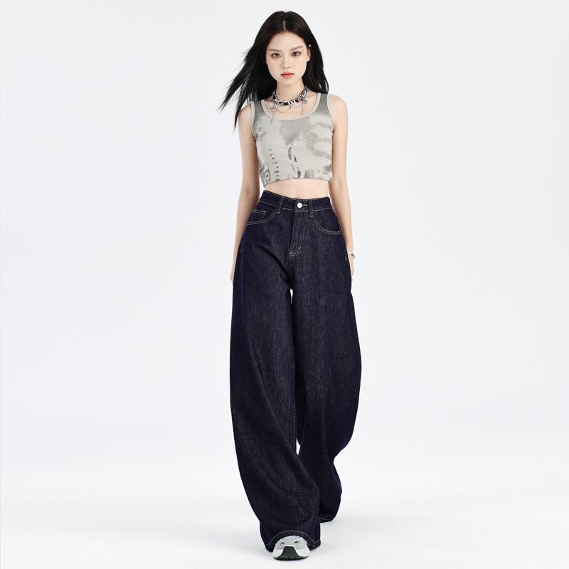 Rakuten - デニムパンツ レディース ストレートパンツ ワイドパンツ デニム ジーンズ ロング丈 ハイウエスト ボトムス 美脚シルエット ジーパン カジュアル ゆったり 動きやすい 秋冬 ネイビー 紺色