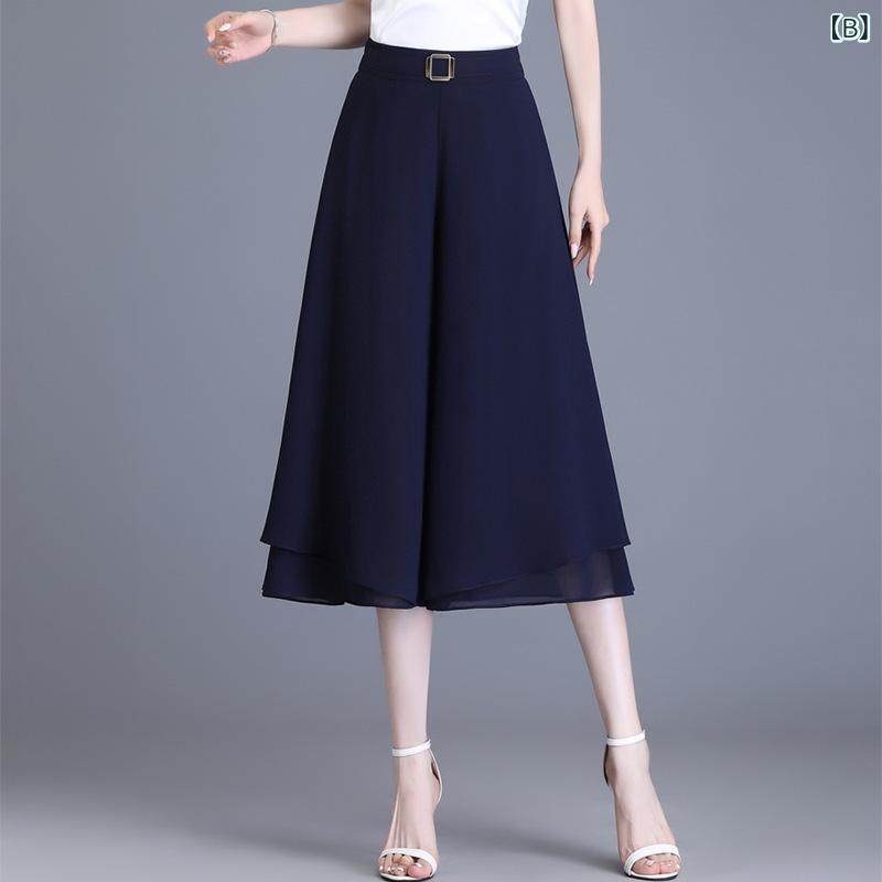 ガウチョパンツ レディース 七分丈 ワイドパンツ シフォン素材 ハイウエスト ウエ...