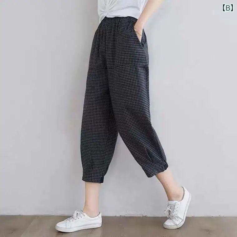 クロップドパンツ レディース 綿混 チェック柄 サルエルパンツ 七分丈 ワイドパン...