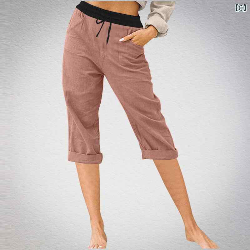 ロングパンツ レディース 綿麻パンツ ワイドパンツ 七分丈 ウエストゴム リネン混 ...