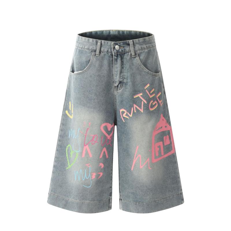 デニムパンツ メンズ 七分丈 クロップドパンツ ワイドパンツ グラフィティ ペイン...