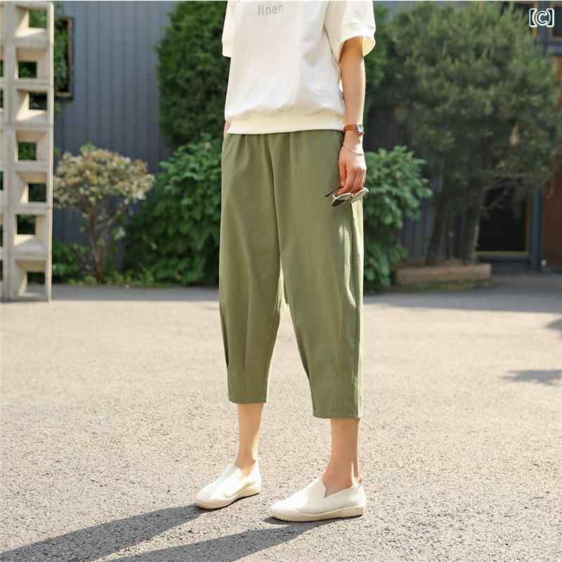 ワイドパンツ レディース サルエルパンツ 綿麻素材 七分丈 ウエストゴム 無地 涼し...