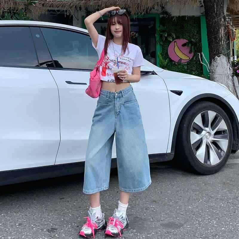デニムパンツ レディース 七分丈 ライトブルー ワイドパンツ ハイウエスト コット...