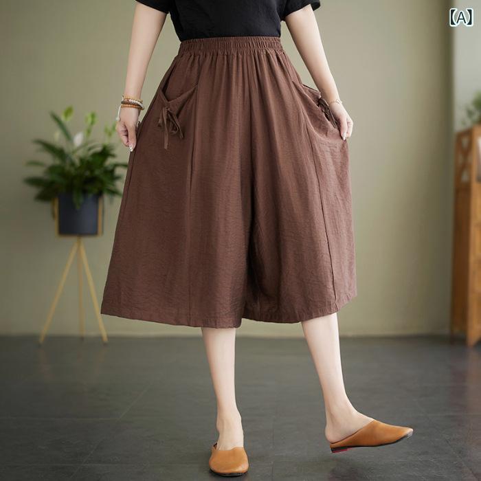 ガウチョパンツ レディース ワイドパンツ コットンリネン 七分丈 サルエルパンツ ...