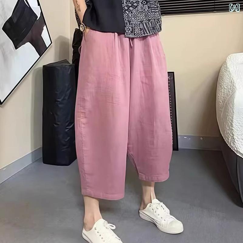 ワイドパンツ レディース 七分丈 コットン素材 バルーンパンツ ウエストゴム ゆっ...