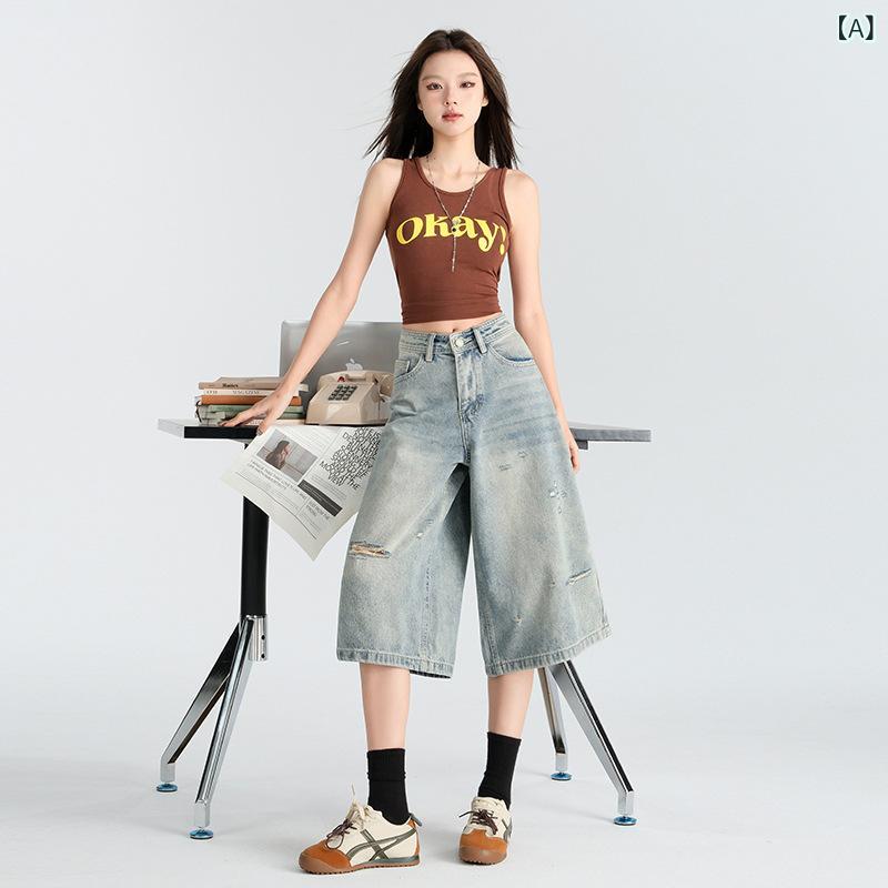 ショートパンツ レディース デニム ジーンズ パンツ 短パン ダメージ加工 7分丈 ゆ...