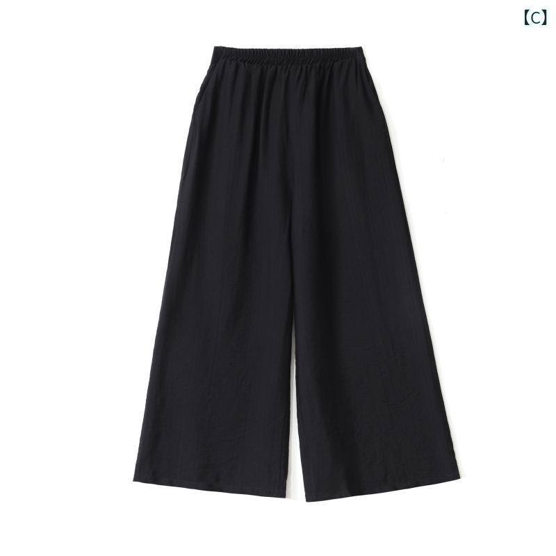 パンツ レディース クロップド丈 リネン混 ワイドパンツ 七分丈 夏用 薄手 ウエス...
