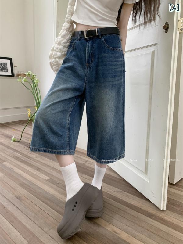 ハーフパンツ レディース デニムパンツ 7分丈 ワイドパンツ ハイウエスト ストレー...