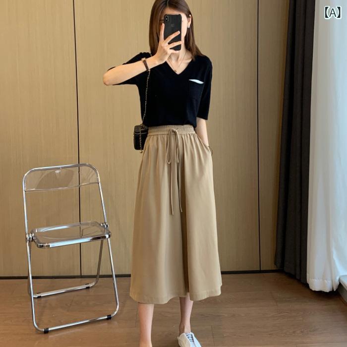 Rakuten - ワイドパンツ レディース 七分丈 ガウチョパンツ 袴パンツ クロップド丈 コットン混素材 ハイウエスト ウエストゴム ドローストリング 体系カバー 動きやすい 通勤 通学 ルームウェア サマーパンツ