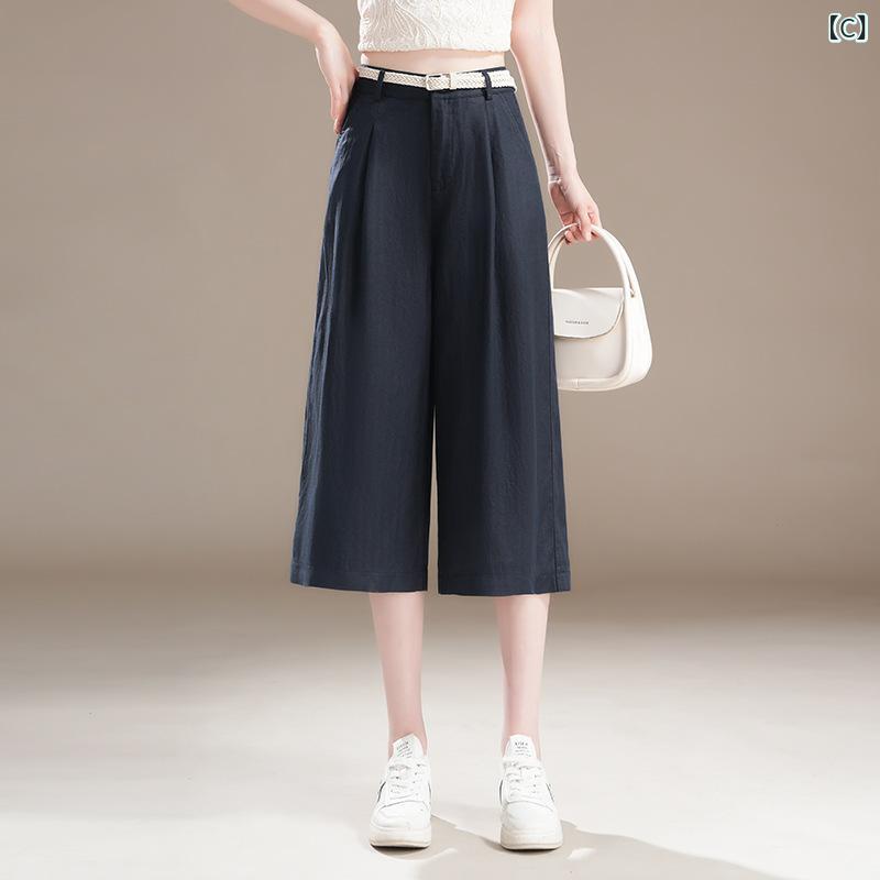 ワイドパンツ レディース 七分丈 クロップドパンツ リネン混 テーパードパンツ ハ...