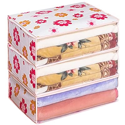 アストロ 収納ケース 毛布用 ホワイト 花柄 3個組 不織布 収納袋 ソフトケース 折りたたみ フラワープリント 防塵 透明窓付き 618-92