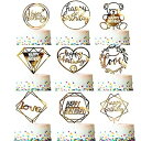 ゴールド ケーキトッパー 9枚セット Happy Birthday ケーキ挿入カード お誕生日 ウエディング 結婚式 パーティー ケーキ飾り 飾り付け