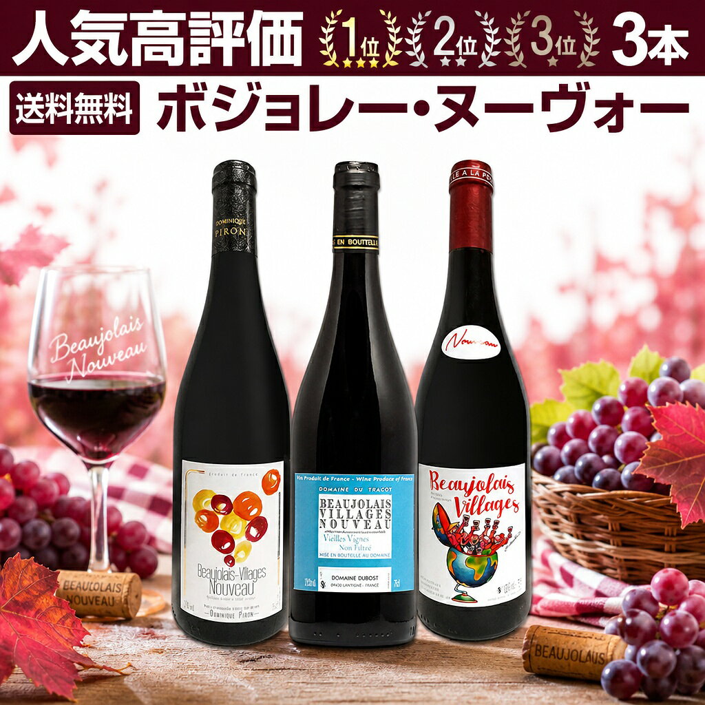 ボジョレー ヌーボー 2026 【新酒先行予約11月19日以降お届け】【送料無料】当店が誇る空前絶後の【3本柱】!人気最上級の高評価1位2位3位の3本セット! ボジョレー・ヌーヴォー ボージョレ ヌーヴォー ボジョレー・ヴィラージュ フランスワイン 赤ワイン ガメイ 辛口