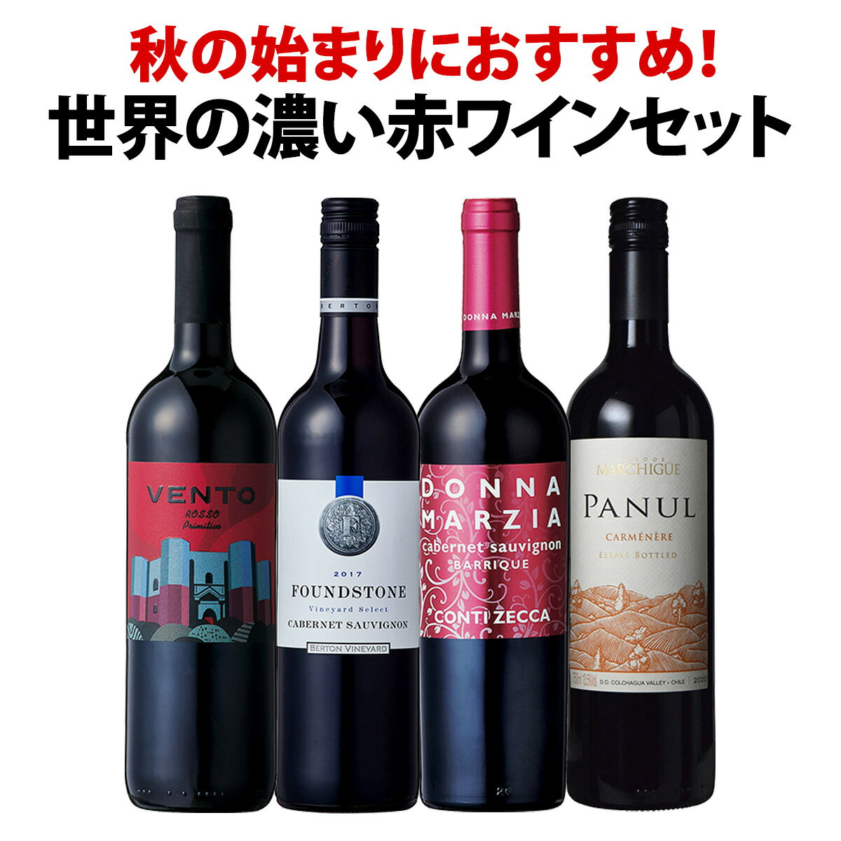 【送料無料】この季節におすすめ！世界の濃い赤ワイン4本セット！