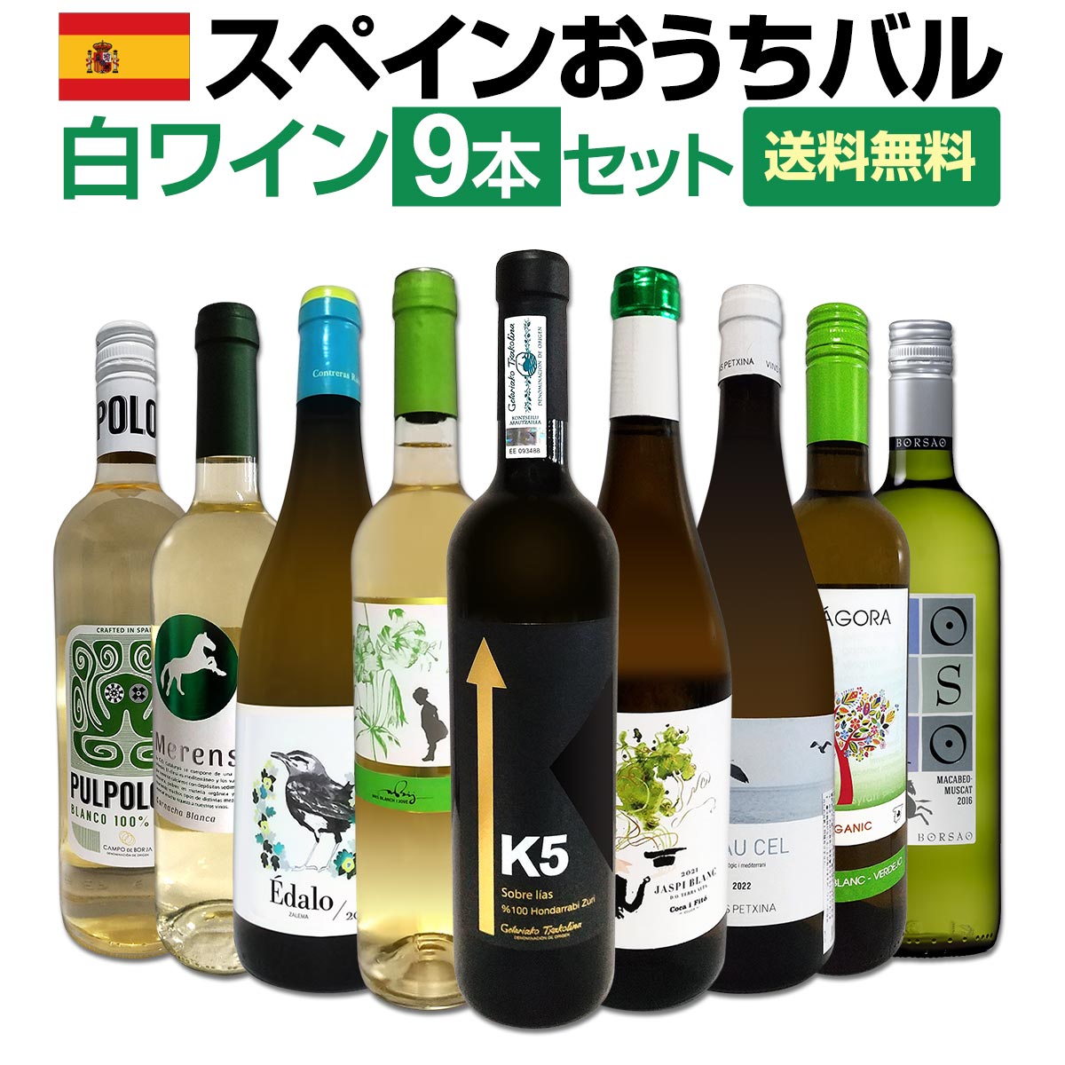 【送料無料】おうちタパスにピッタリ！スペイン各地の白飲み比べ！おうちバル白ワイン9本セット！