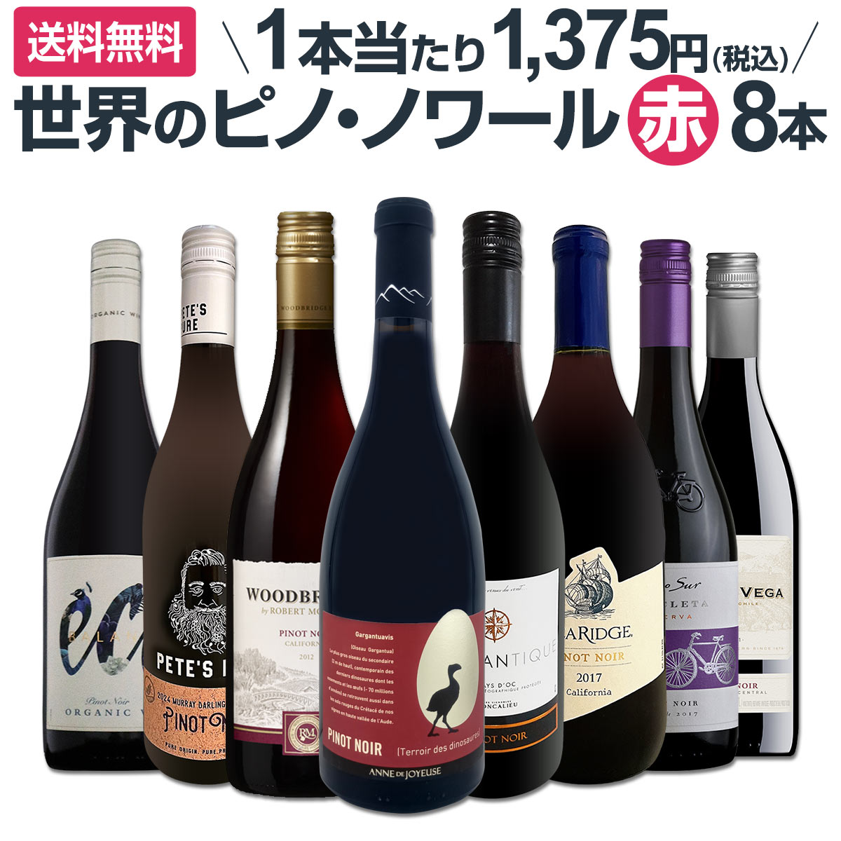 樂天商城 - 【送料無料】ピノ・ノワール三昧8本セット!世界中のピノ・ノワール赤ワインだけをセレクト フランス ラングドック カリフォルニア チリ 新世界 飲み比べ 8本 11000円 1本あたり1375円 コスパ 繊細 優雅 余韻 デイリーワイン 家飲み パーティー ギフト セット 詰め合わせ