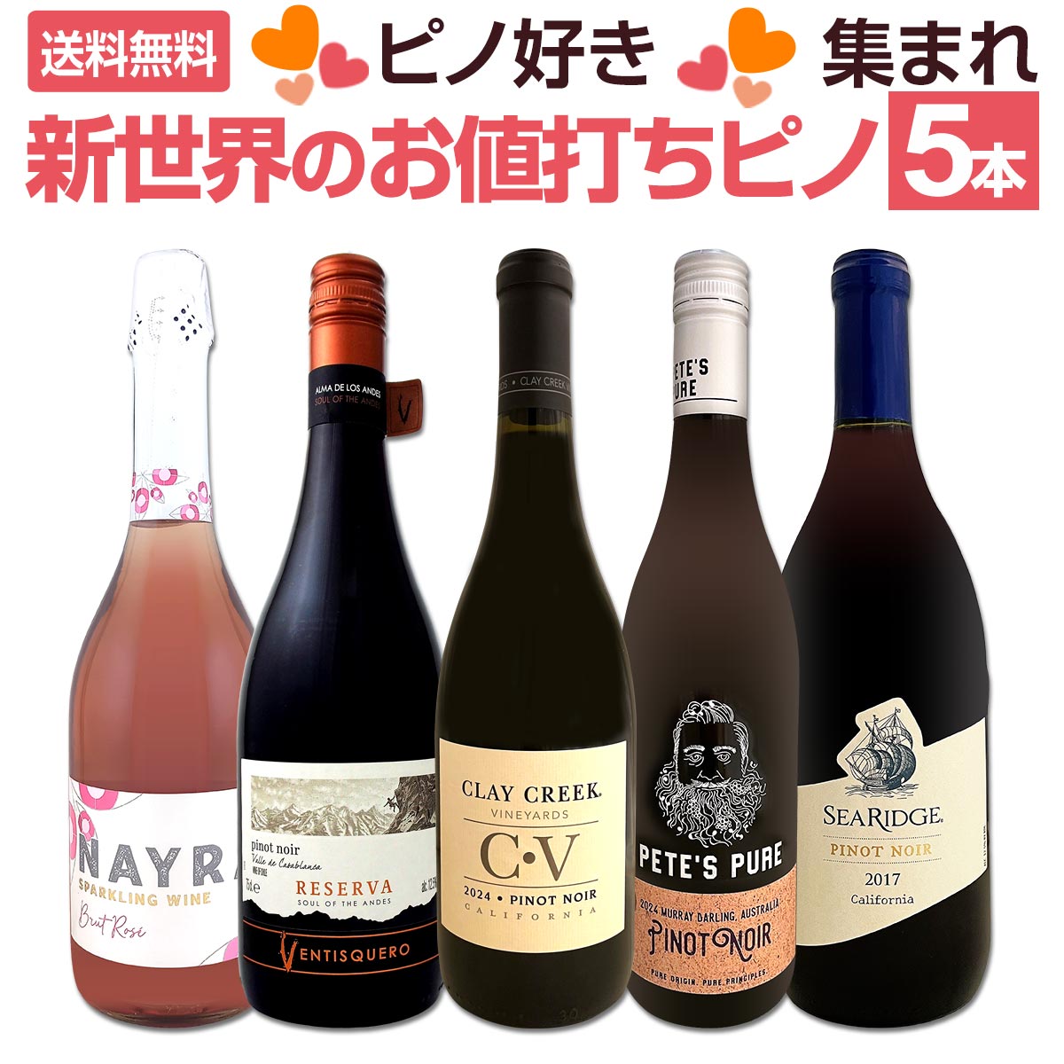 【送料無料】ピノ好き集まれ！マスター・オブ・ワイン監修のカリフォルニア・ピノも登場！新世界のお値打ちピノ5本セット！