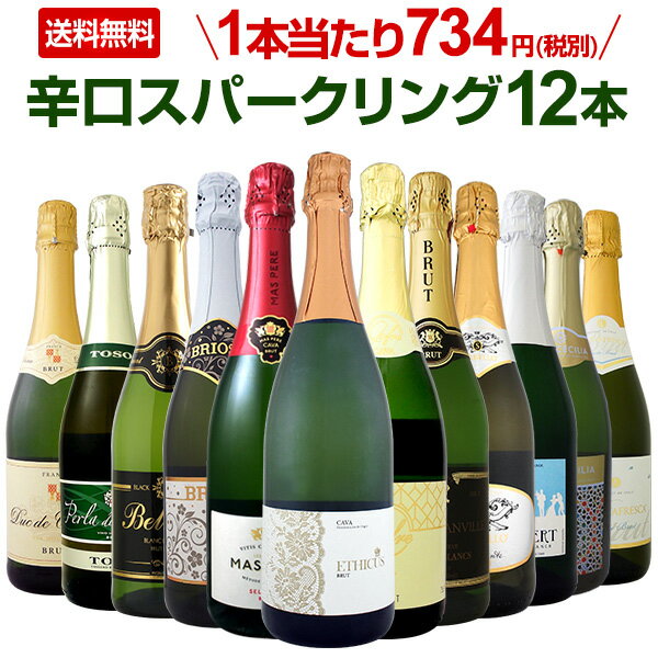 【送料無料】1本あたり734円（税抜）！選び抜いたハイクオリティ泡ばかり12本！シャンパン製法入り辛口スパークリングワインセット！