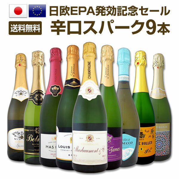 【送料無料】日欧EPA発効記念セール！シャンパン入り辛口スパークリングワイン9本セット！
