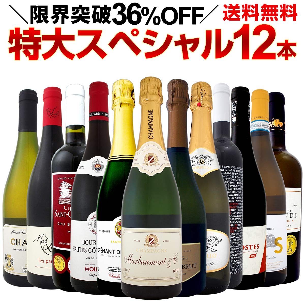 【送料無料】本格シャンパン＆ブルゴーニュ入り！特大スペシャル12本セット！