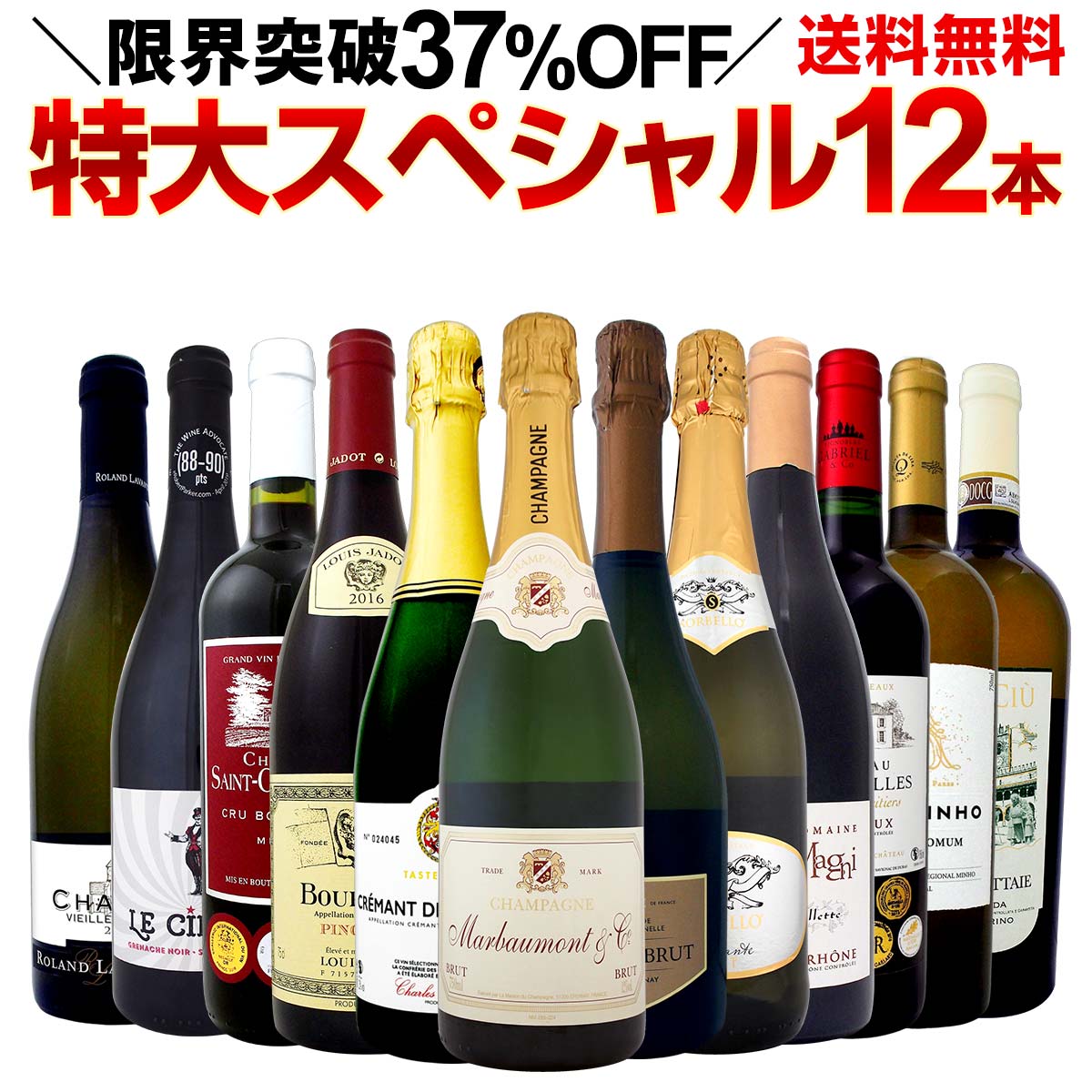 【送料無料】本格シャンパン＆ブルゴーニュ入り！特大スペシャル12本セット！