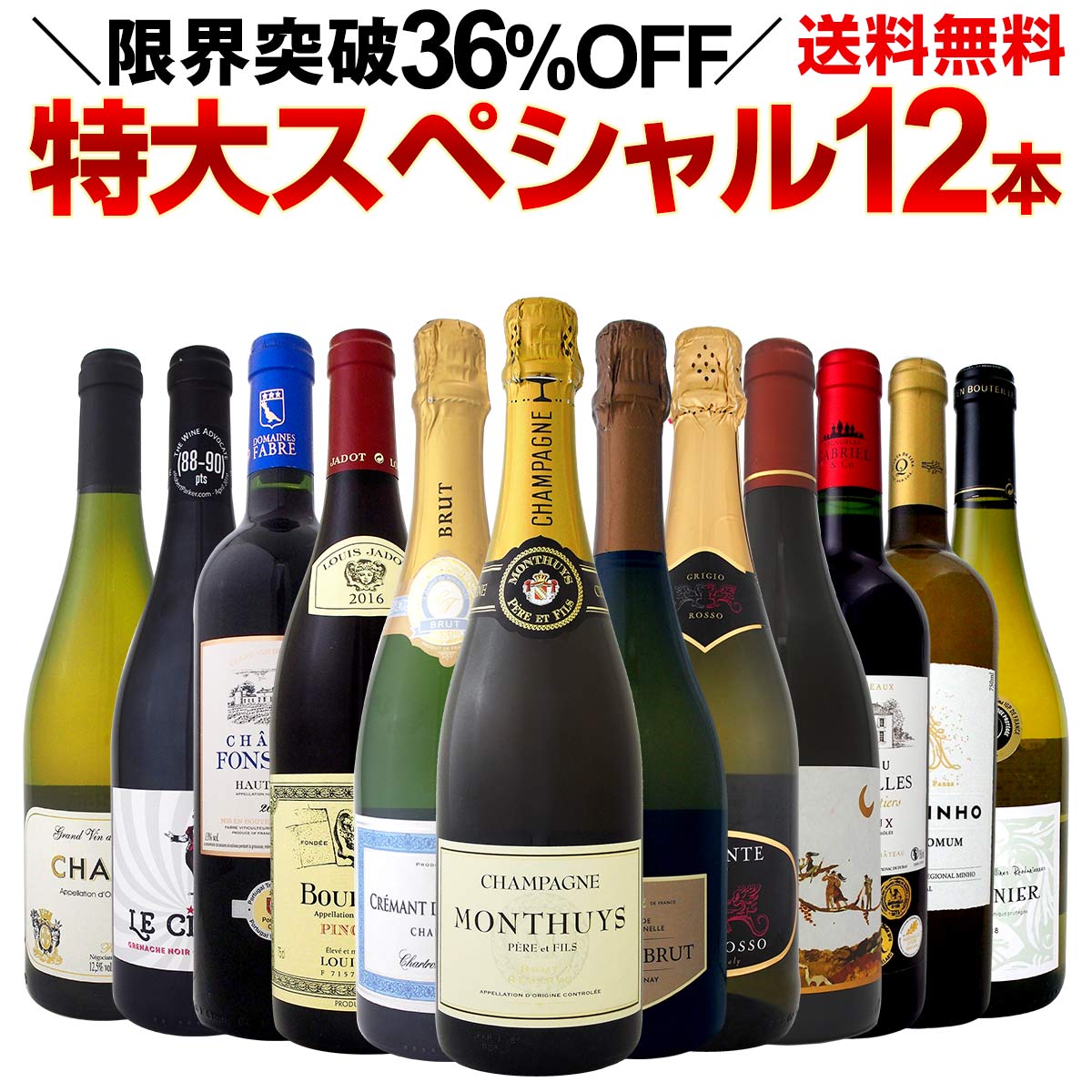 【送料無料】本格シャンパン＆ブルゴーニュ入り！特大スペシャル12本セット！