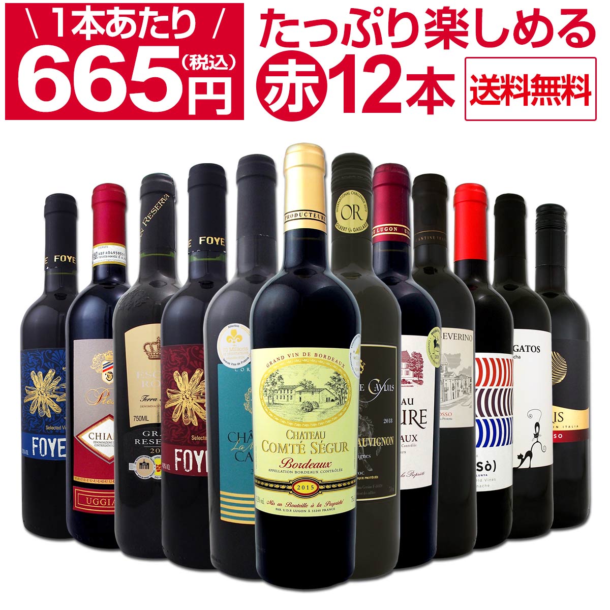 【送料無料】1本あたり665円(税別)!!採算度外視の大感謝!厳選赤ワイン12本セット