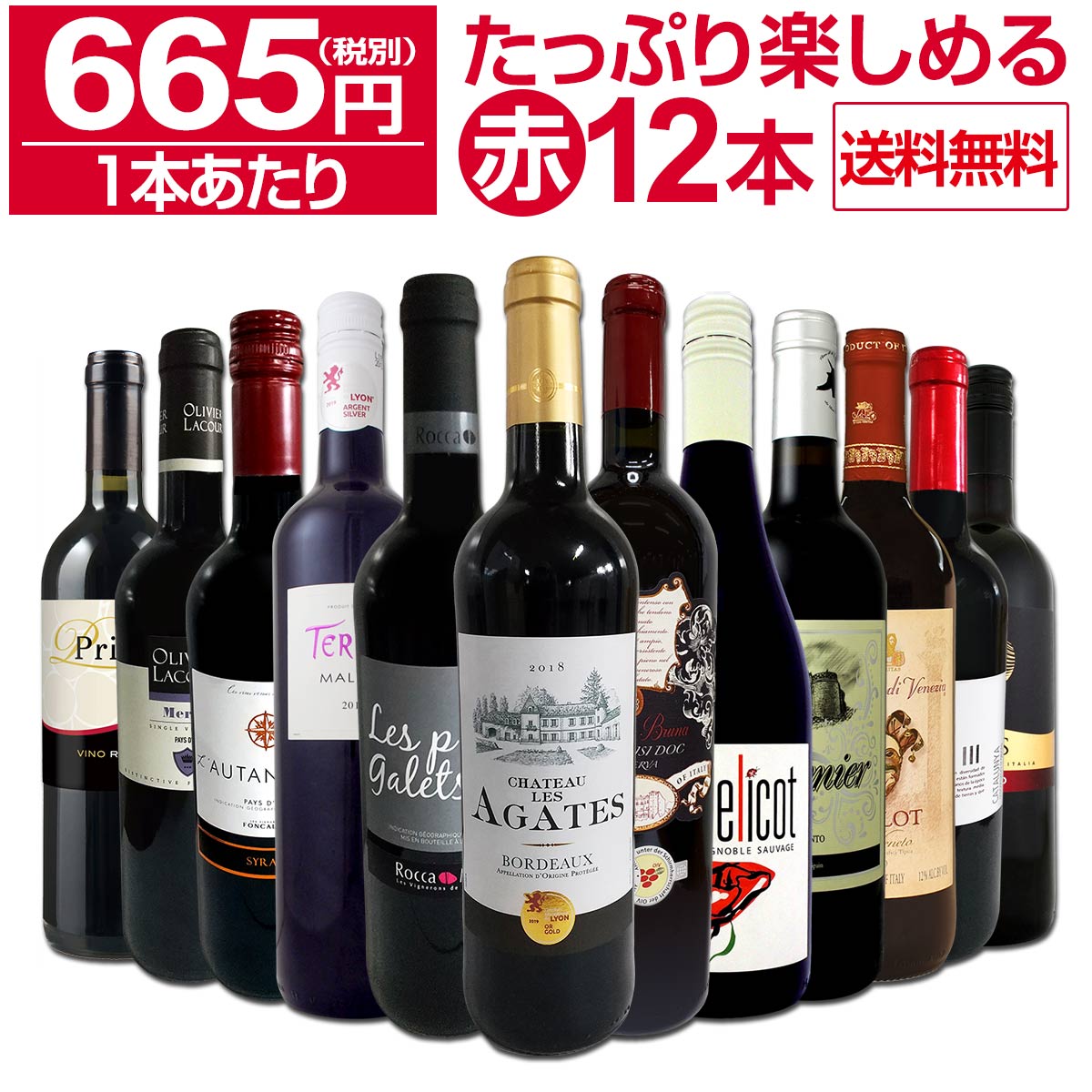 【送料無料】1本あたり665円(税別)!!採算度外視の大感謝!厳選赤ワイン12本セット