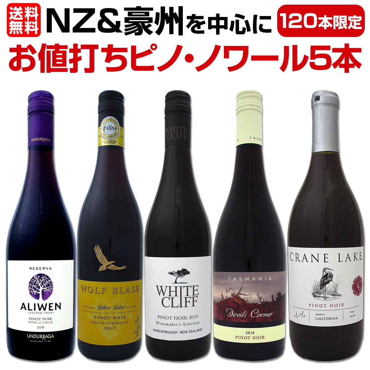 【送料無料】120セット限定！NZ&豪州のピノ・ノワールを中心にお値打ちピノ5本セット！ワイン ワインセット セット 赤ワインセット 赤ワイン 赤 飲み比べ 送料無料 ギフト プレゼント 750ml