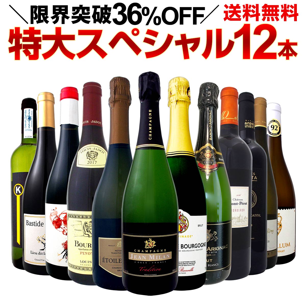 【送料無料】本格シャンパン＆ブルゴーニュ入り！特大スペシャル12本セット！ ワイン ワインセット セット 赤ワインセット 赤ワイン 赤 白ワインセット 白ワイン 白 スパークリングワイン スパークリングワインセット飲み比べ ギフト プレゼント 辛口 750mlのサムネイル