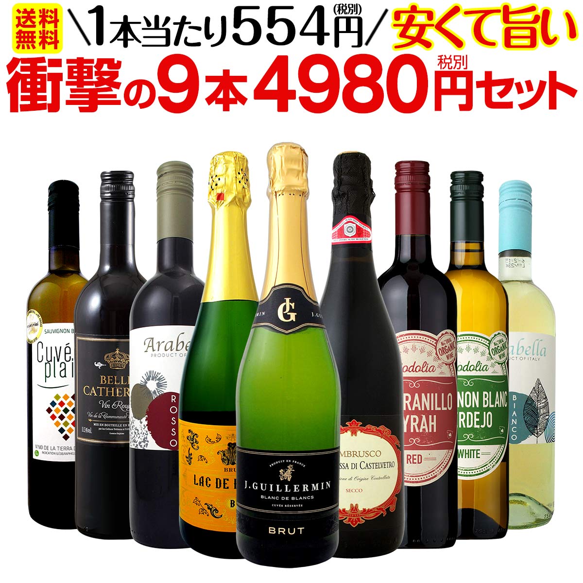 【送料無料】第11弾！当店最安級！1本あたり554円(税別)！限界ギリギリまでお買い求めやすくしました！安くて旨いワインばかりを詰め込んだ衝撃の9本4980円(税別)セット！