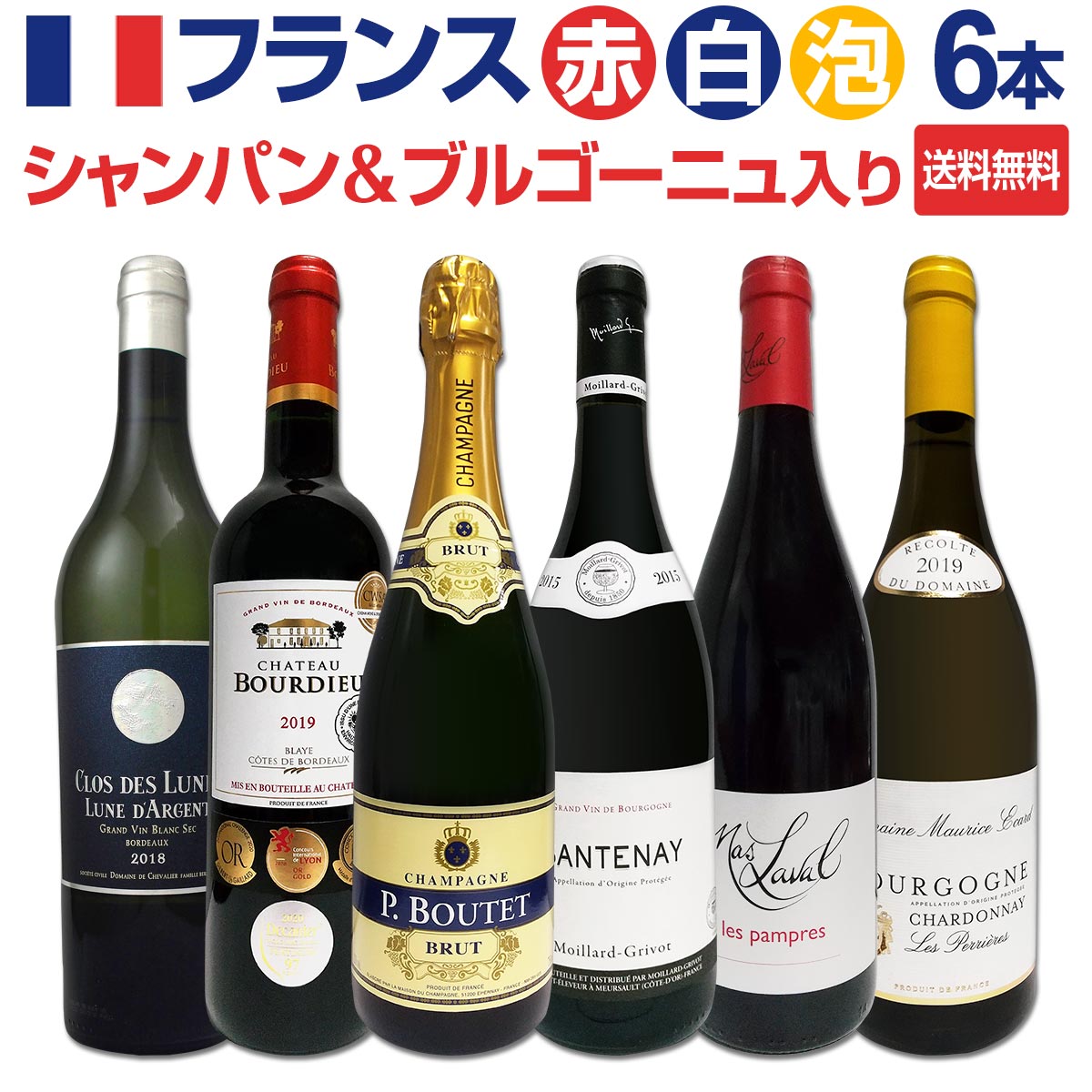 【送料無料】シャンパン＆ブルゴーニュ入り！フランス銘酒セレクション！王道なる極旨フランスワインを存分を堪能する上級赤白泡6本！