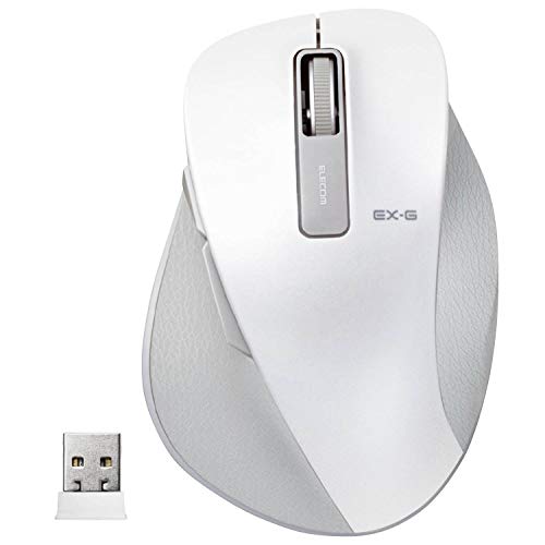 ◆商品名：エレコム マウス ワイヤレス (レシーバー付属) Mサイズ 5ボタン (戻る・進むボタン搭載) BlueLED 握りの極み ホワイト M-XGM10DBWH 手の形状から生まれたデザインで、さらなる「握り心地」の良さを実現。場所を選ばず快適に操作できるBlueLEDを搭載した、2.4GHzワイヤレスタイプの5ボタンマウス“EX-G。 [接続方式] 無線 2.4Ghz(レシーバー付属) [ボタン数] 3ボタン ※ホイールボタン含む [サイズ]Mサイズ:幅73.8×奥行109.6×高さ40.8mm [電源]単3形アルカリ乾電池、単3形マンガン乾電池、単3形ニッケル水素電池のいずれか1本 (想定電池使用期間:約722日 ) 読取方式:Blue LED 対応機種: USBインターフェイスを装備したWindowsパソコン、Macintosh、PlayStation(R)3 手の形状から生まれたデザインにより、「握りやすさ」を実現した5ボタンマウス「EX-G」です。手になじみやすくしっかりとフィットするミディアムサイズです。対応機種:Bluetooth(R)HIDプロファイルに対応したWindowsパソコン、Macintosh