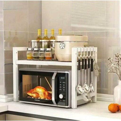 1個 調整可能な金属製電子レンジスタンド、フック6つ付き、拡張式カーボンスチールキッチンキャビネット棚収納ラック、カウンタートップ設置、 1個 調整可能な金属製電子レンジスタンド、フック6つ付き、拡張式カーボンスチールキッチンキャビネット棚収納ラック、カウンタートップ設置、