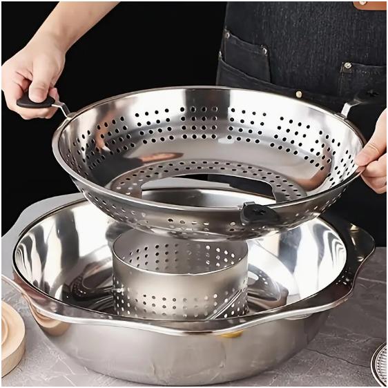 しゃぶしゃぶ鍋 4人?6人 回転火鍋34cm 2層鍋 ステンレス鋼 取り外し可能 サイズ：外径38cm 内径34cm 底直径25cm 深10cm 直火＆IH両対応 蓋がなし